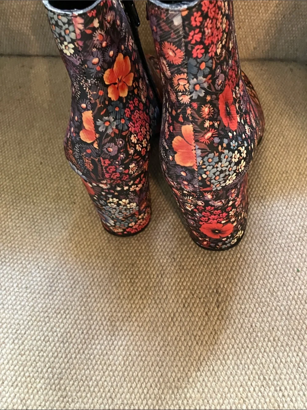 Lucky Brand Black Floral Ankle Boots with Orange & Pink Accents